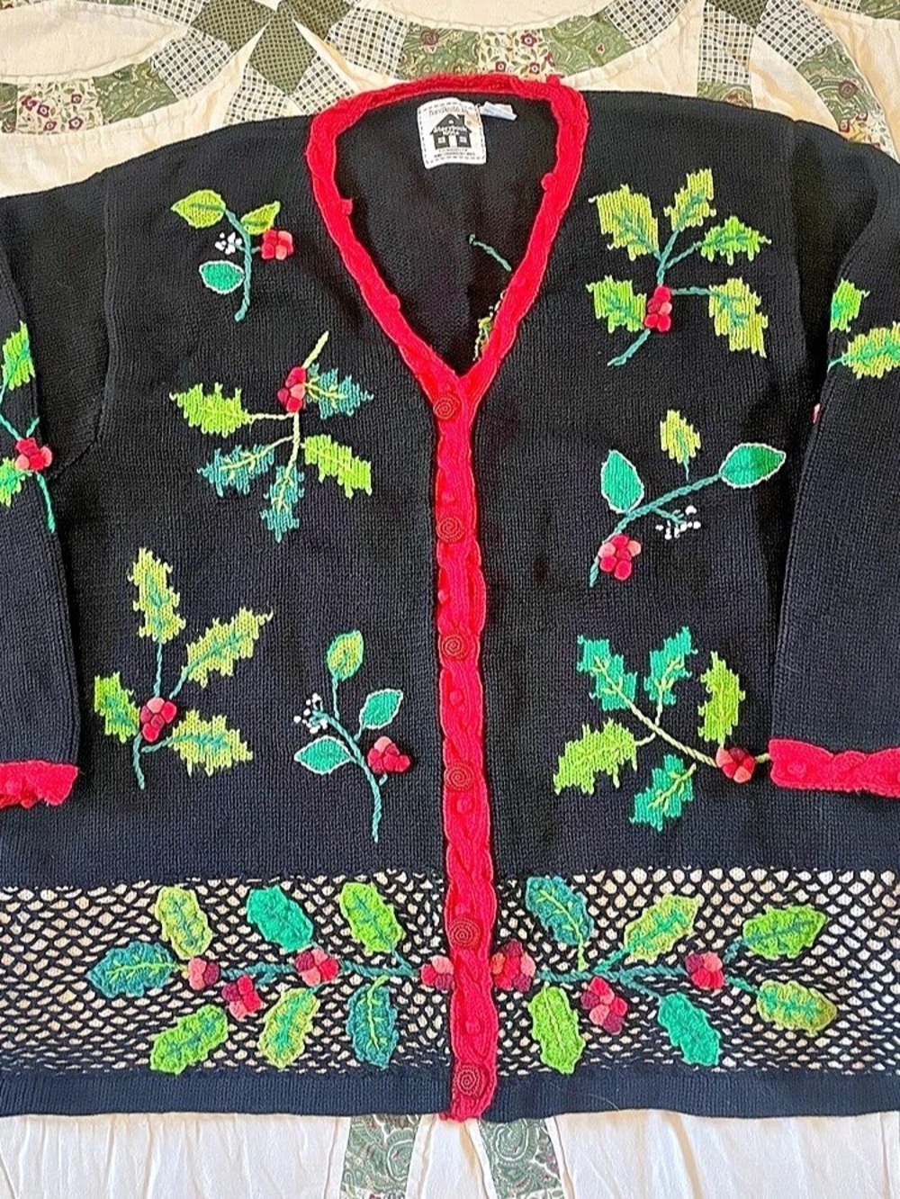 VTG 90s Storybook Knits Embroidered Christmas Holiday Holly Cardigan Size 3X
